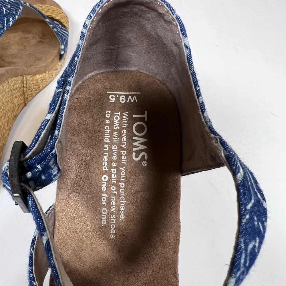 TOMS Blue Geometric Print Woven Straw Wedge Sandals Womens 9.5